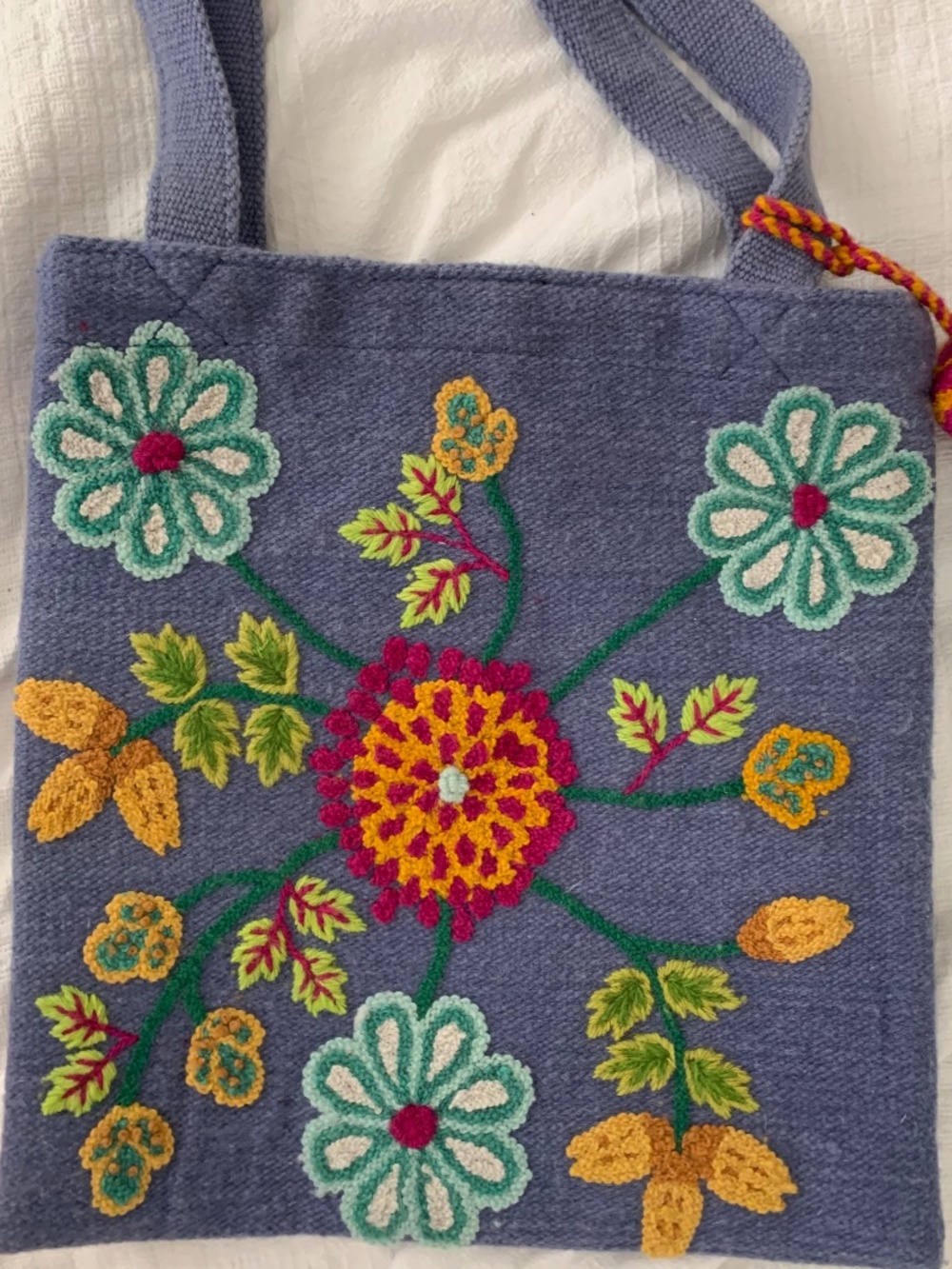 Sundance Catalog- Jenny Krauss Handbag Blue Handmade Wool Floral Tote Bag